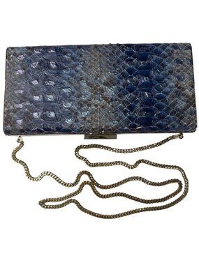 Dee Ocleppo Blue Embossed Snake Print Clutch W/ Gold Chain Strap 10" X 4.5" X 2"